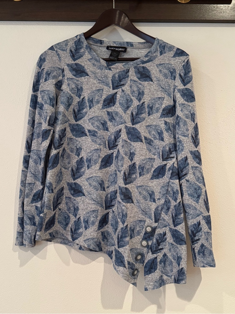 Asymmetrical Blue Leaf Print Long Sleeve Top